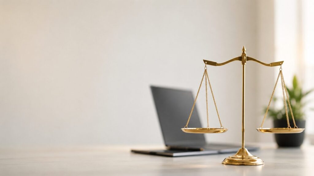 Balança da justiça dourada sobre mesa de escritório de advocacia moderna