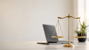 Balança da justiça dourada sobre mesa de escritório de advocacia moderna