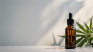 Frasco conta-gotas de vidro âmbar com óleo de canabidiol e folha de cannabis ao fundo