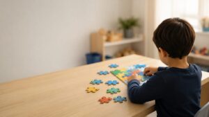 Criança com transtorno do espectro autista montando quebra-cabeça colorido em mesa de madeira