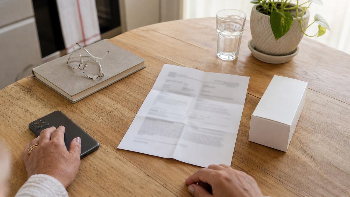 Receita médica e caixa de medicamento sobre mesa de madeira ao lado de óculos de leitura