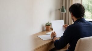 Homem lendo carta de cancelamento de plano de saúde sobre escrivaninha de madeira