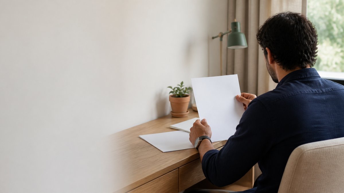 Homem lendo carta de cancelamento de plano de saúde sobre escrivaninha de madeira
