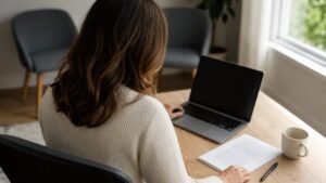 Empresária revisando contrato de plano de saúde empresarial em escritório pequeno