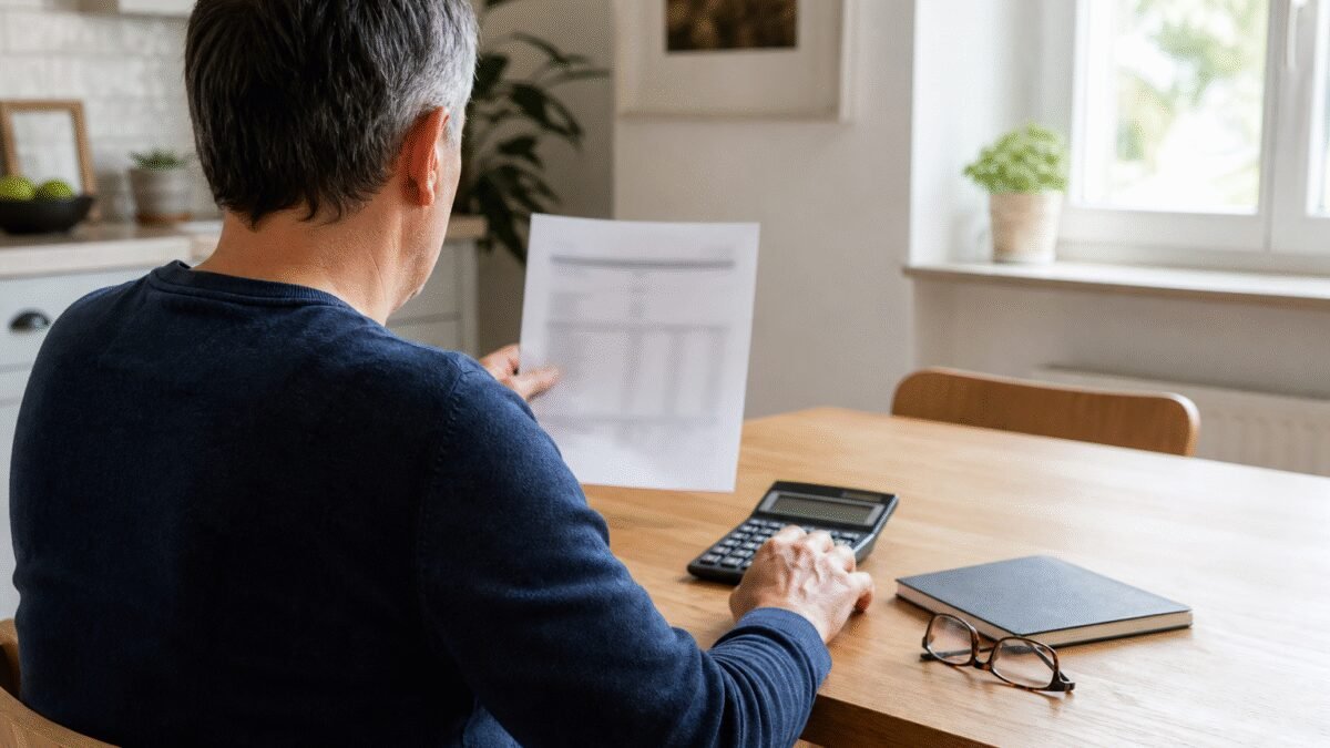 Homem conferindo com calculadora o valor reajustado da mensalidade do plano de saúde