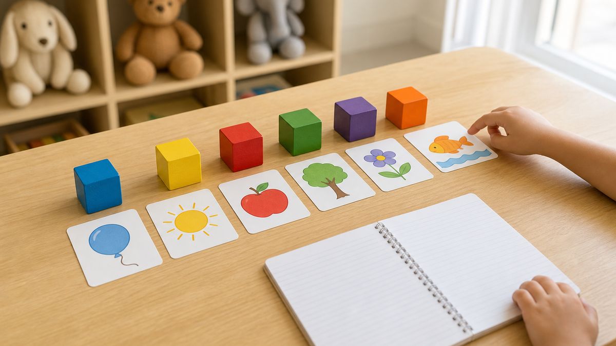 Cartões e blocos coloridos organizados em mesa de sala de terapia infantil