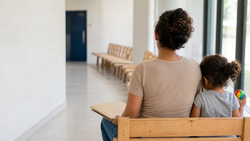 Mãe e criança aguardando atendimento em sala de espera de unidade pública de saúde