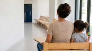 Mãe e criança aguardando atendimento em sala de espera de unidade pública de saúde