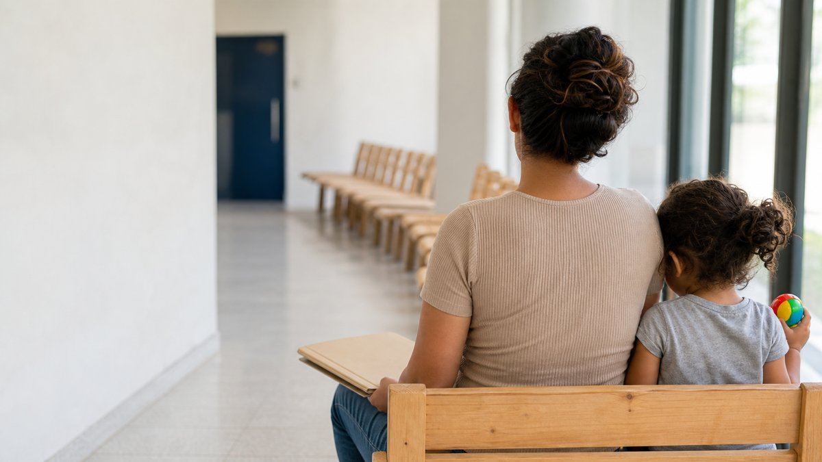Mãe e criança aguardando atendimento em sala de espera de unidade pública de saúde