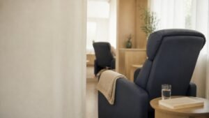 Poltrona de tratamento vazia em sala de quimioterapia iluminada por luz natural