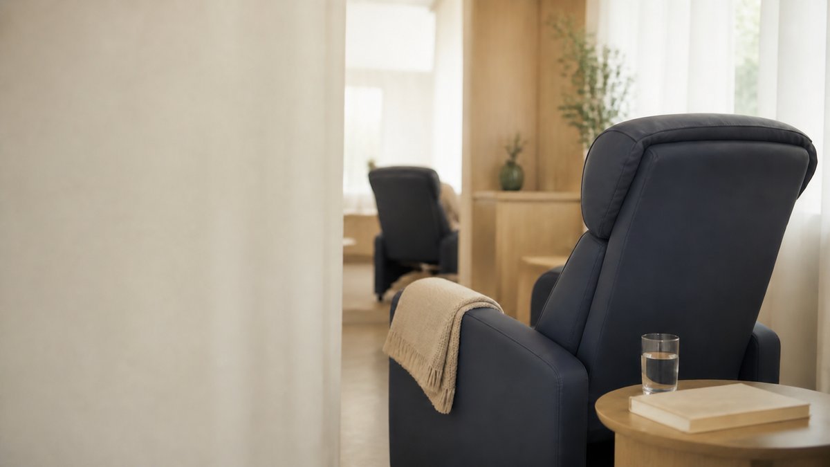 Poltrona de tratamento vazia em sala de quimioterapia iluminada por luz natural