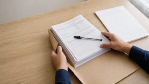 Mãos organizando prontuários e prescrições médicas em pasta, com calendário ao lado