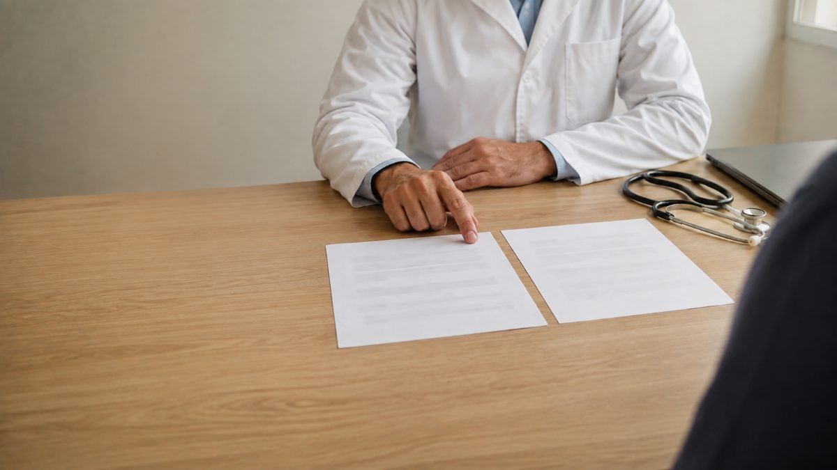 Médico e paciente em consulta comparando dois documentos impressos sobre a mesa