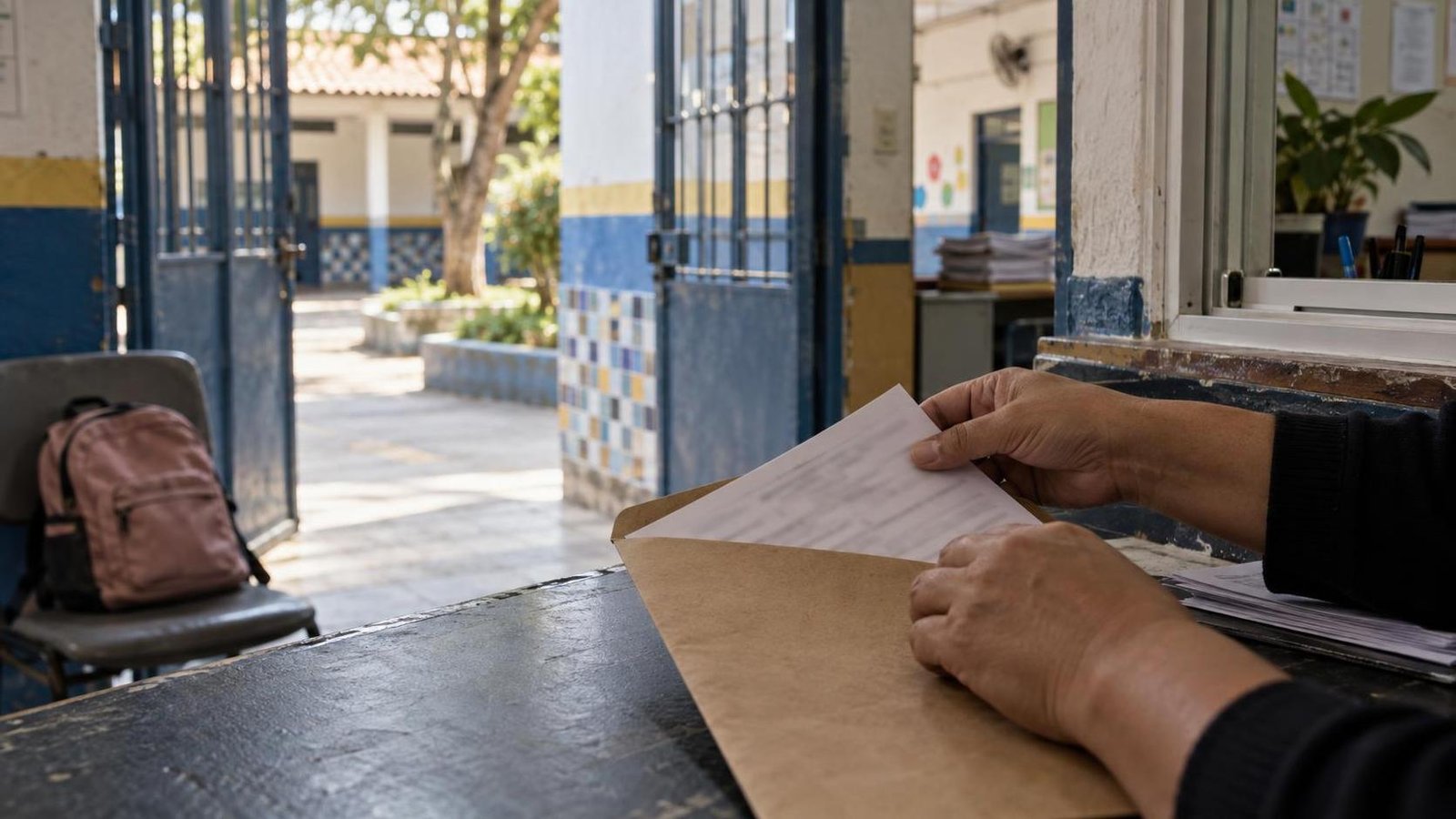 Responsável organiza documentos de matrícula no balcão de uma escola.