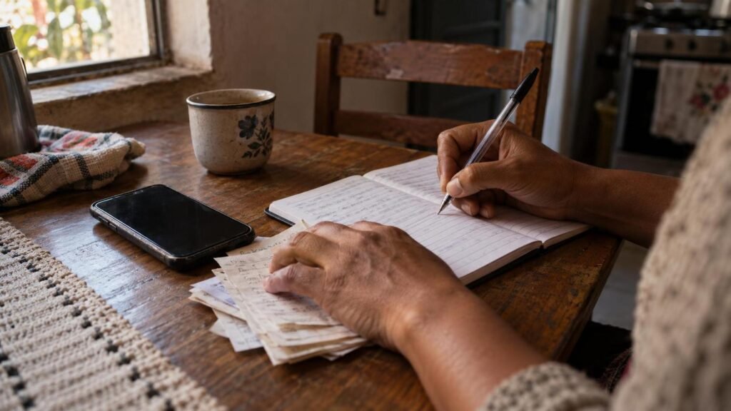 Responsável registra fatos em um caderno ao lado de um telefone.