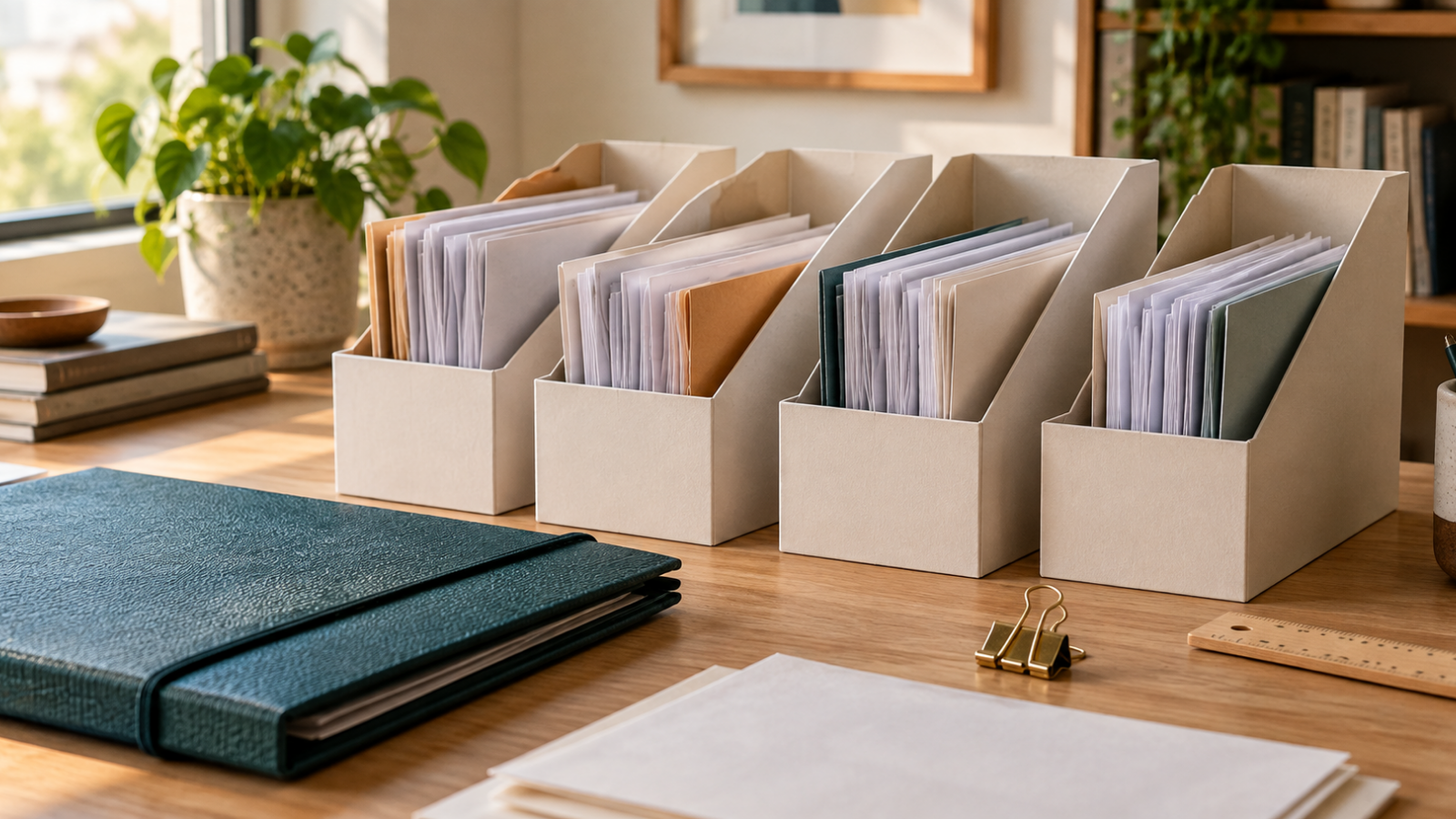 Pastas e documentos organizados em uma mesa doméstica, sem identificação pessoal.