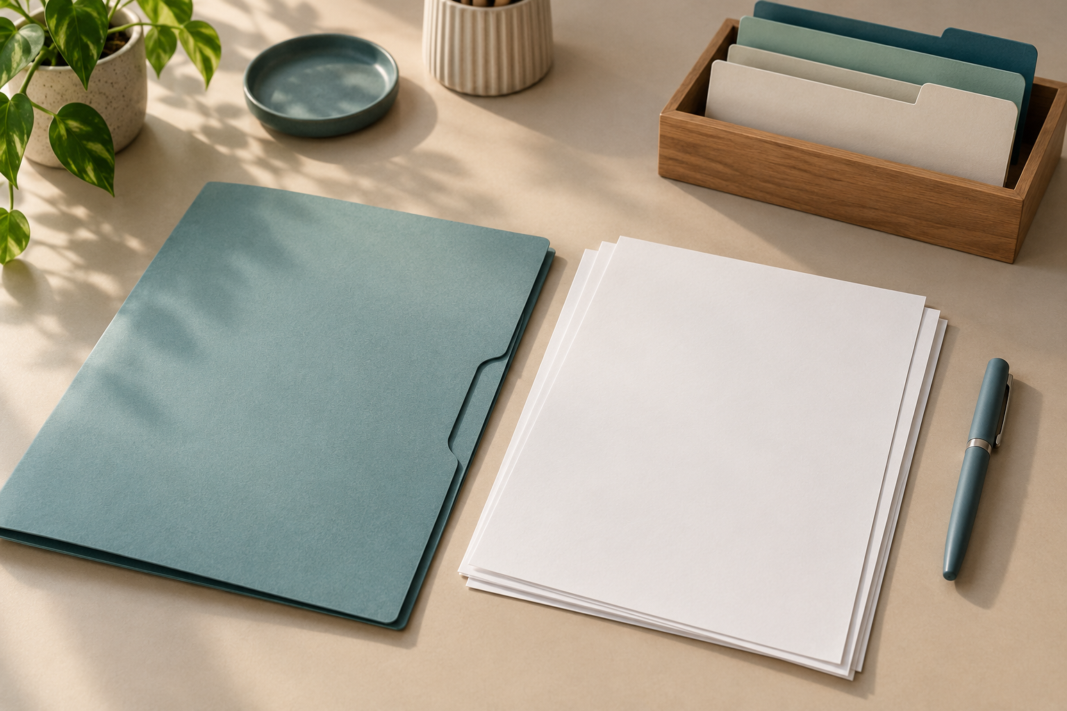 Pasta azul, folhas, divisórias e caneta organizadas sobre uma mesa clara.