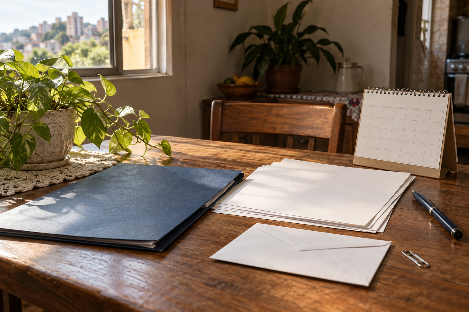 Mesa doméstica com pasta, folhas e calendário para organizar o pedido